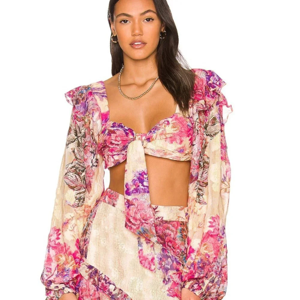 Hemant & Nandita Leah Crop Top Long Sleeve Front Tie Floral Print Blouse Girly